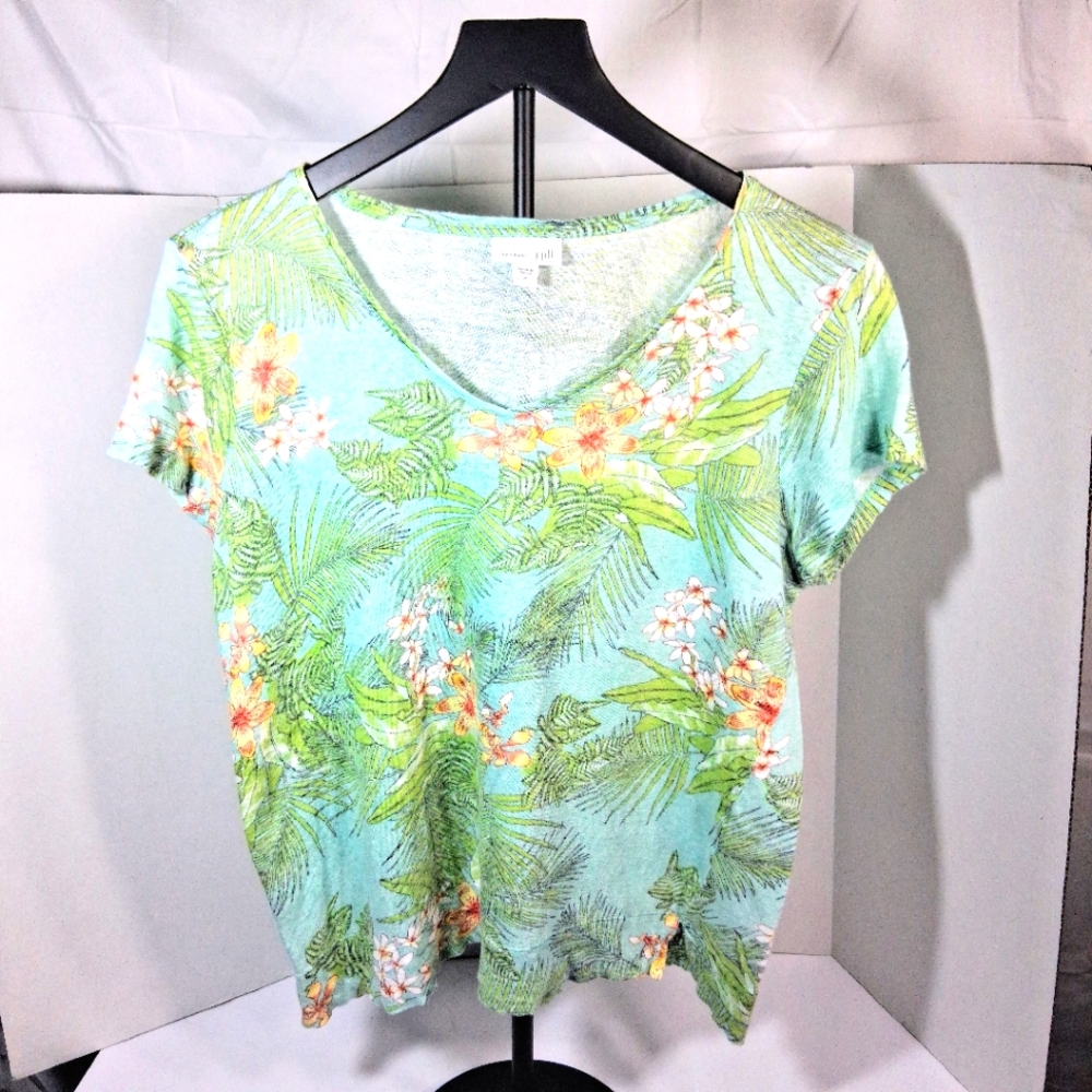 J. Jill M 100% M Linen Coastal Gradma Floral Green/Orange Short Sleeve Blouse